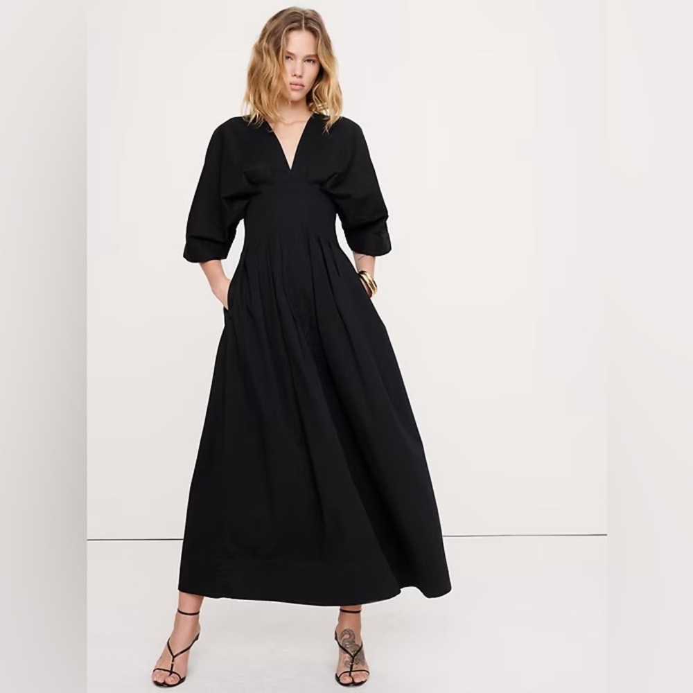 Banana Republic Stretch-Cotton Pleated Maxi Dress Black NWT